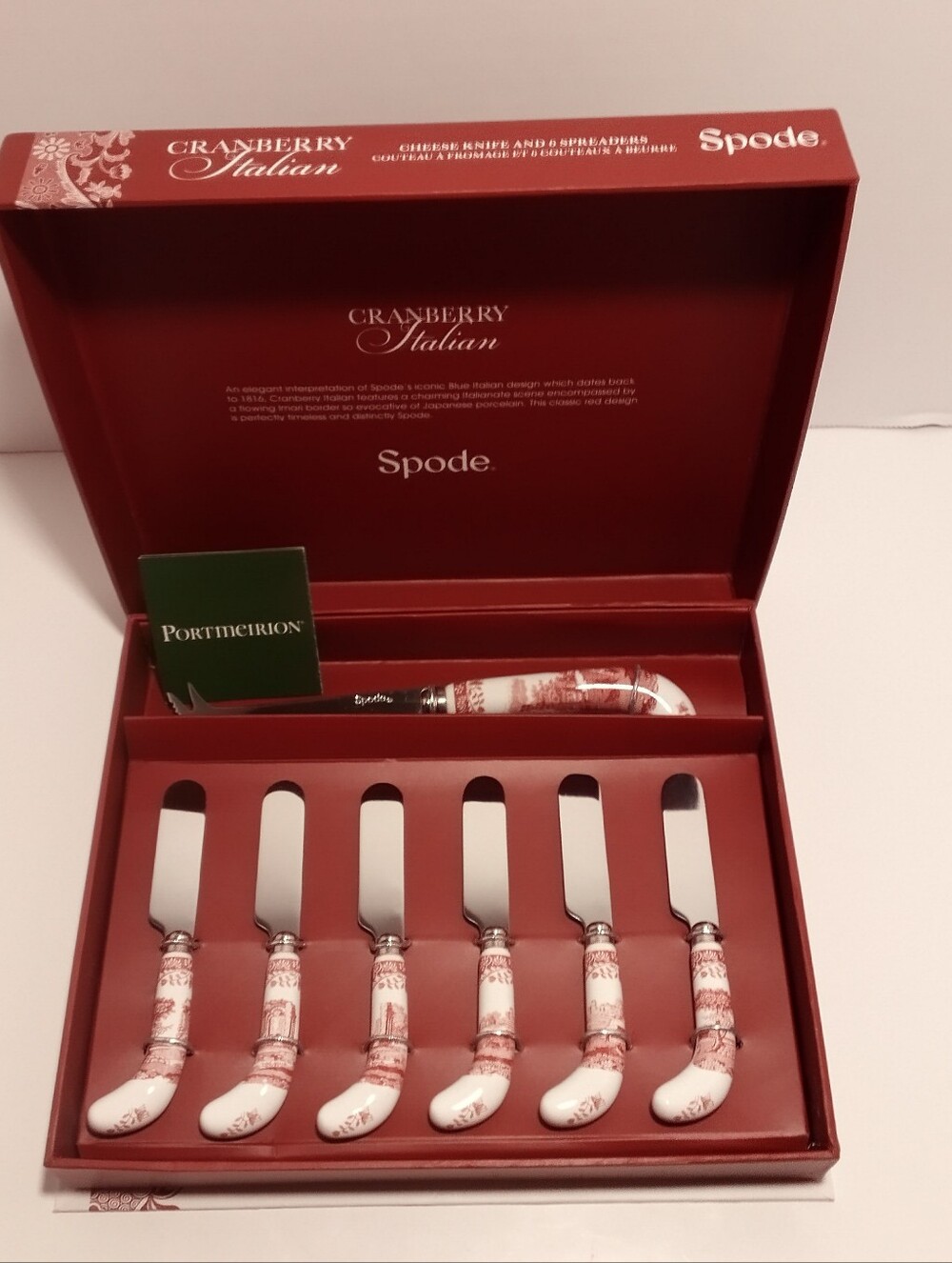 Spode Cranberry Italian Red and White Cheese Knife & Spreaders Set